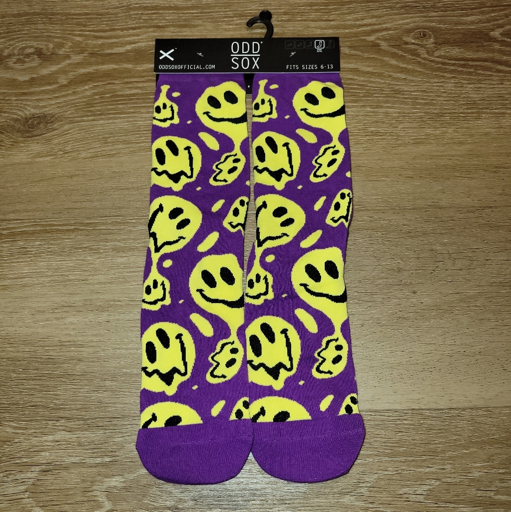 ODD SOX Drippy Happy Face Crew Socks Purple Size 6-13 New